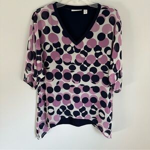 Susan Graver Liquid Knit Purple Navy Polka Dot Blouse XXSP
